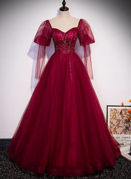 Wine Red Tulle Long Sleeves A-line Party Dress Prom Dress, Burgundy Tulle Evening Dresses