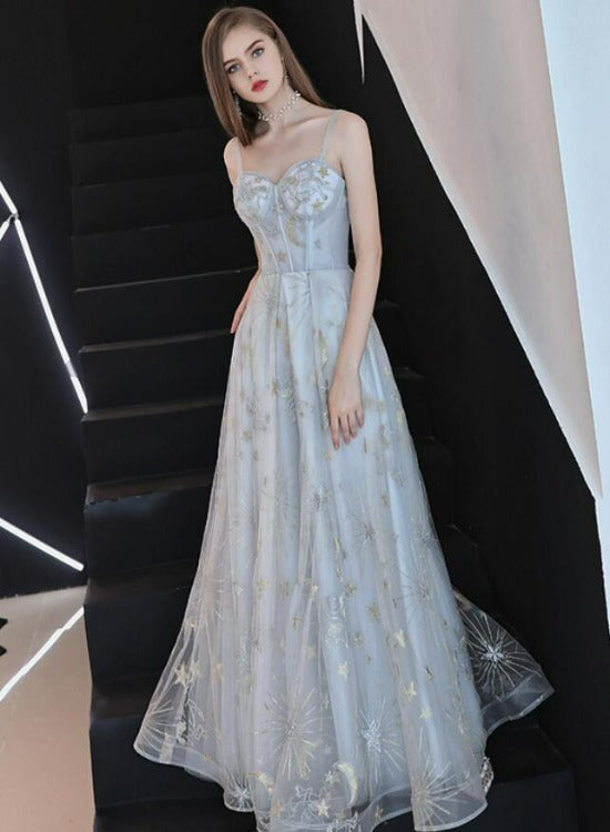 Beautiful Grey-Blue Straps Sweetheart Tulle Long Party Dresses, A-line Formal Dresses