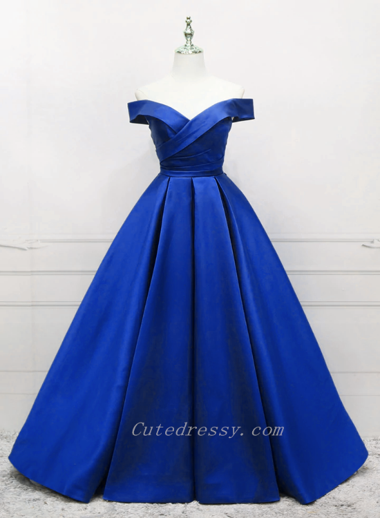 Blue Satin Off Shoulder Simple A-line Prom Dress, Blue Evening Formal Dresses