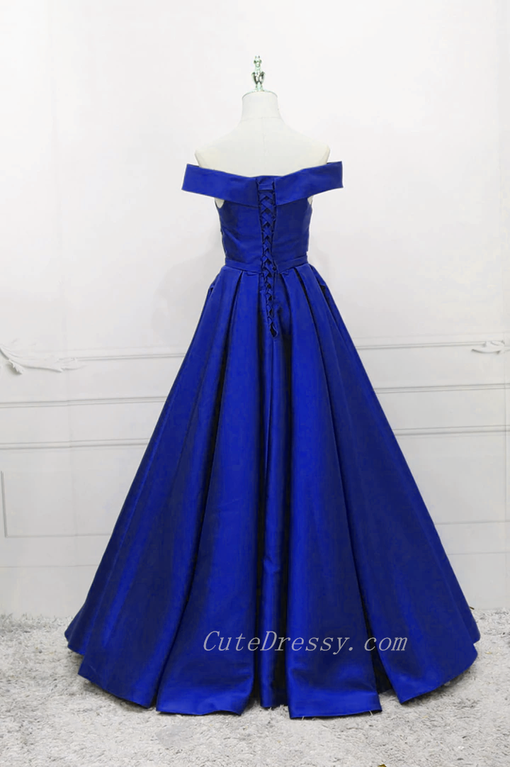 Blue Satin Off Shoulder Simple A-line Prom Dress, Blue Evening Formal Cutedressy Blue Satin Off Shoulder Simple A-line Prom Dress, Blue Evening Formal Cutedressy