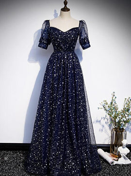 Navy Blue Short Sleeves Sweetheart Long Party Dress, A-line Blue Evening Gown