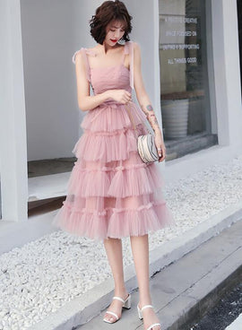 Lovely Pink Straps Layers Tea Length Wedding Party Dress, Pink Formal Dress