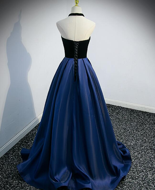 Beautiful Navy Blue Satin Halter Long Party Dress, Satin with Velvet Prom Dress