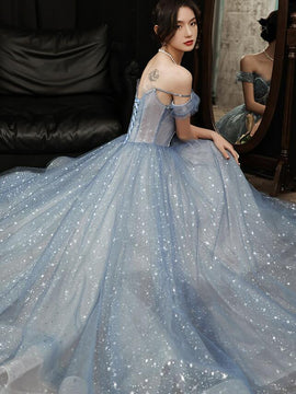 Blue Tulle Sweetheart Beaded Long Formal Evening Dress, A-line Tulle Party Dresses