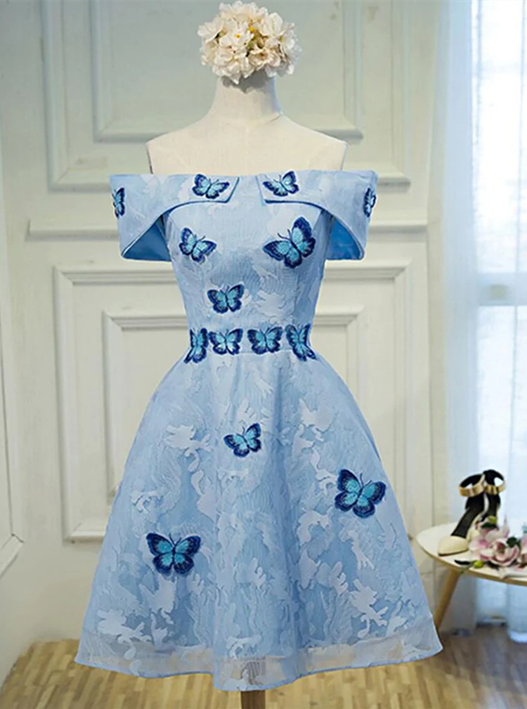 Light Blue Lace with Butterflies Short Homecoming Dress, Blue Prom Dress