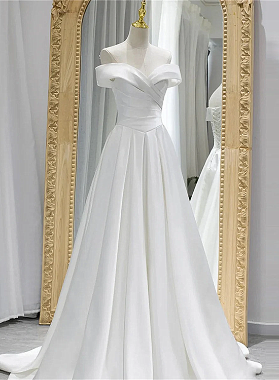 White Off Shoulder Satin Long Prom Dress, White Wedding Party Dresses