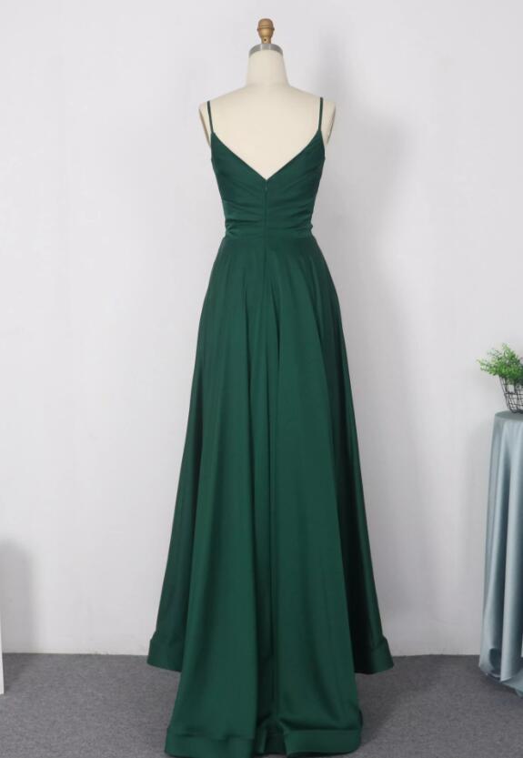 Dark Green Satin Straps V-neckline A-line Party Dresses, Green Evening Long Prom Dress