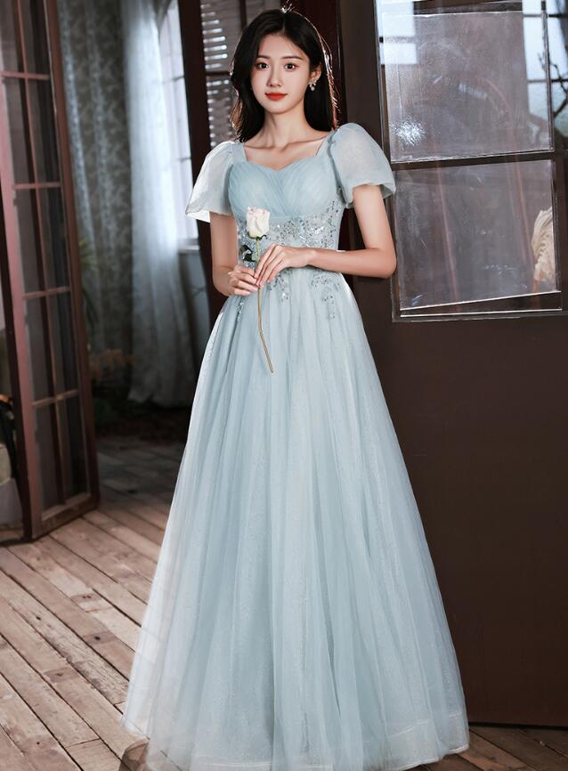 Light Blue Short Sleeves Beaded Tulle Long Formal Dress, Blue A-line P