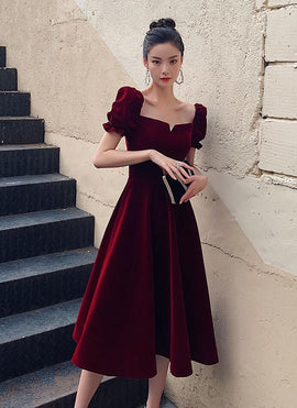 Wine Red Velvet Tea Length Short Sleeves Party Dress, Dark Red Evening Dresses