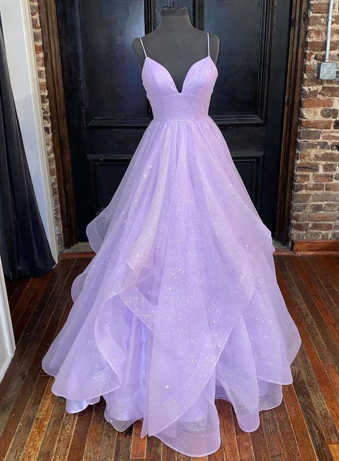 A-line Lavender Shiny Tulle Prom Dress, Long Spaghetti Strap Evening Dresses