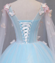 Lovely Blue V-neckline Tull Ball Gown Formal Dress, Blue Party Dress with Pink Lace
