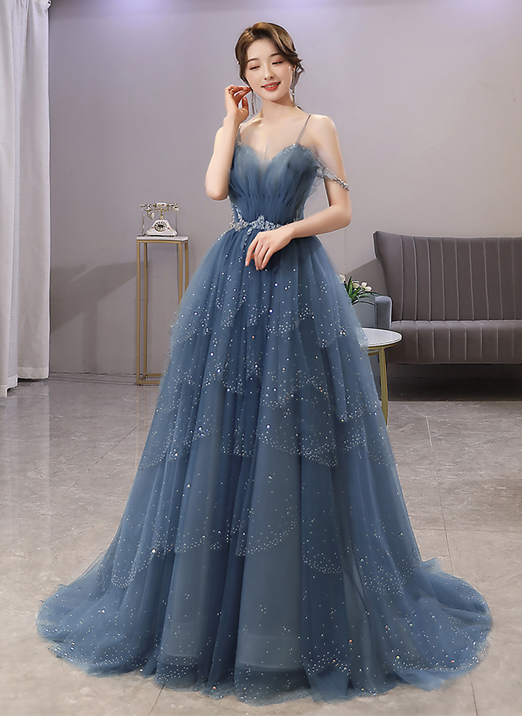 Blue and Champagne Tulle Beaded Shiny Tulle Prom Dresses, A-line Long Party Dresses