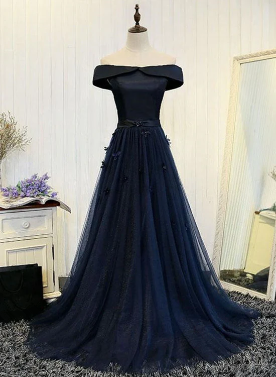 Navy Blue Off Shoulder Floor Length Party Dress, Prom Dress, Formal Gowns, Lace-up Dresses