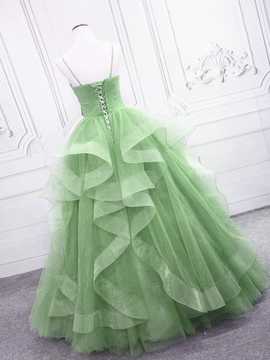 Light Green Tulle Layers Long Formal Dress, Green Tulle with Straps Party Dress