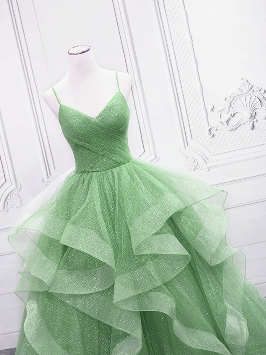 Light Green Tulle Layers Long Formal Dress, Green Tulle with Straps Pa Cutedressy Light Green Tulle Layers Long Formal Dress, Green Tulle with Straps Pa Cutedressy