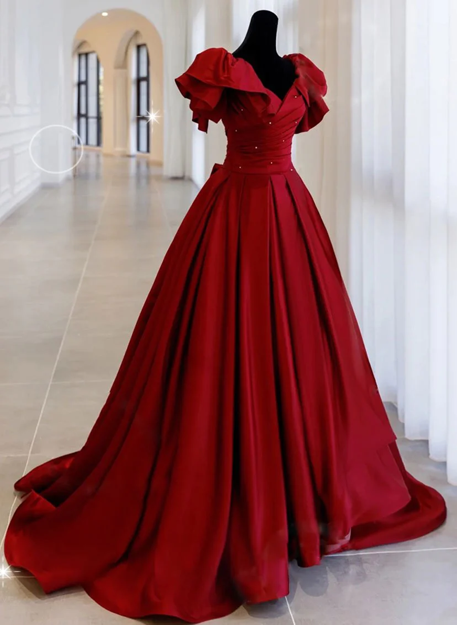 Burgundy Satin Short Sleeves Long Formal Dress, Burgundy Floor Length Prom Dress