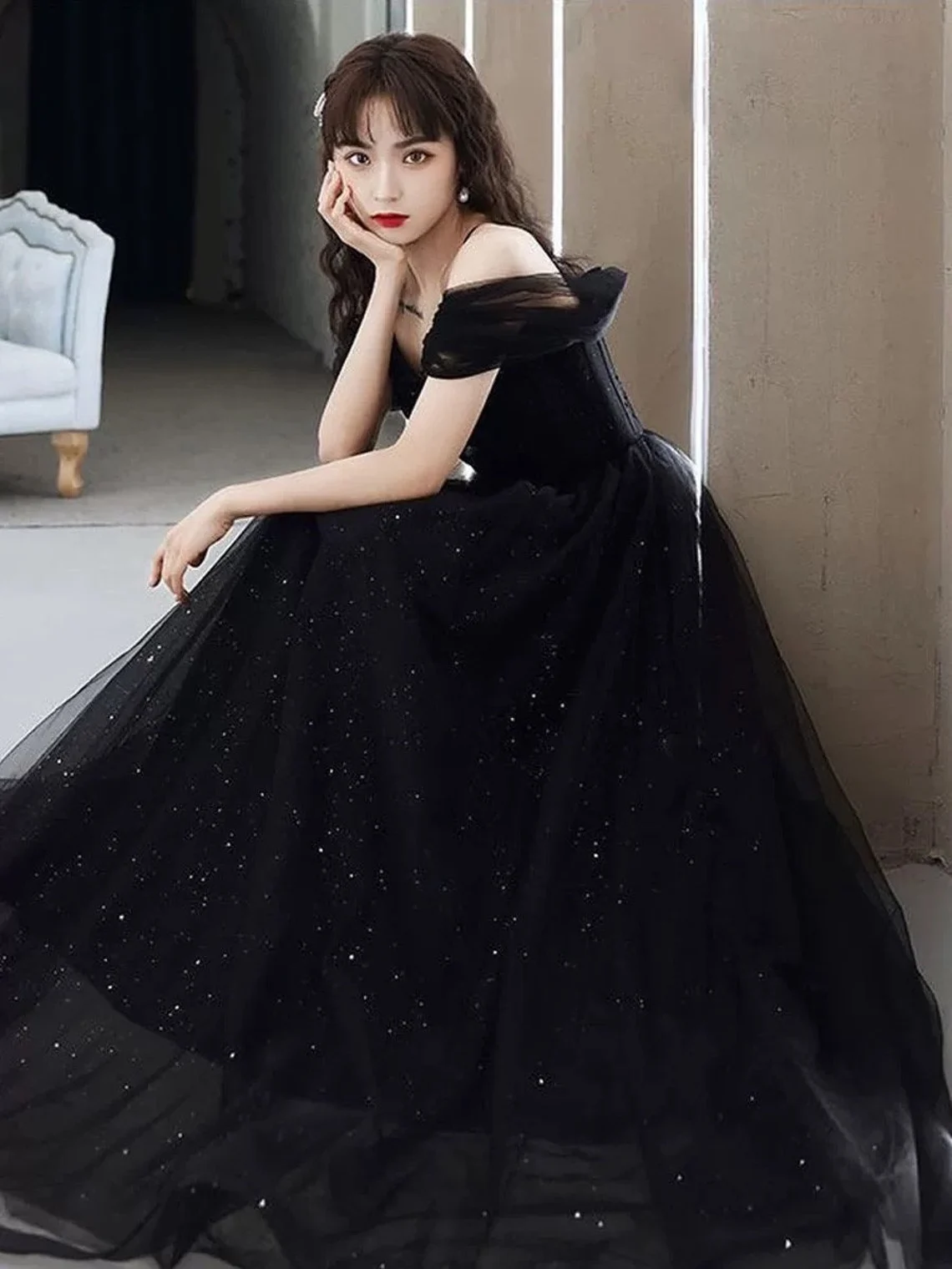 Black Sweetheart Tulle Off Shoulder A-line Prom Dress, Straps Shiny Black Evening Dress