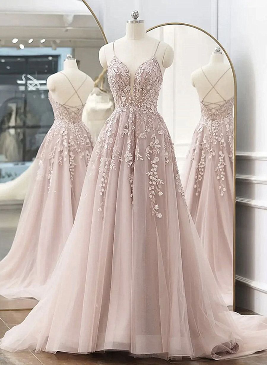 Pink Tulle with Lace Applique Low Back Prom Dress, Pink A-line Tulle Party Dress