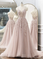 Pink Tulle with Lace Applique Low Back Prom Dress, Pink A-line Tulle Party Dress