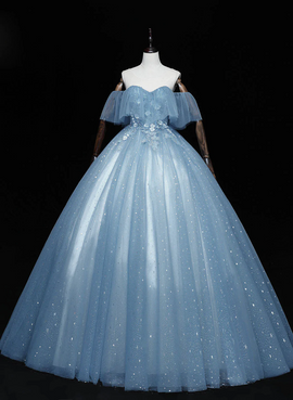 Blue Sweetheart Ball Gown Tulle Off Shoulder Party Dress, Blue Formal Dress Prom Dress
