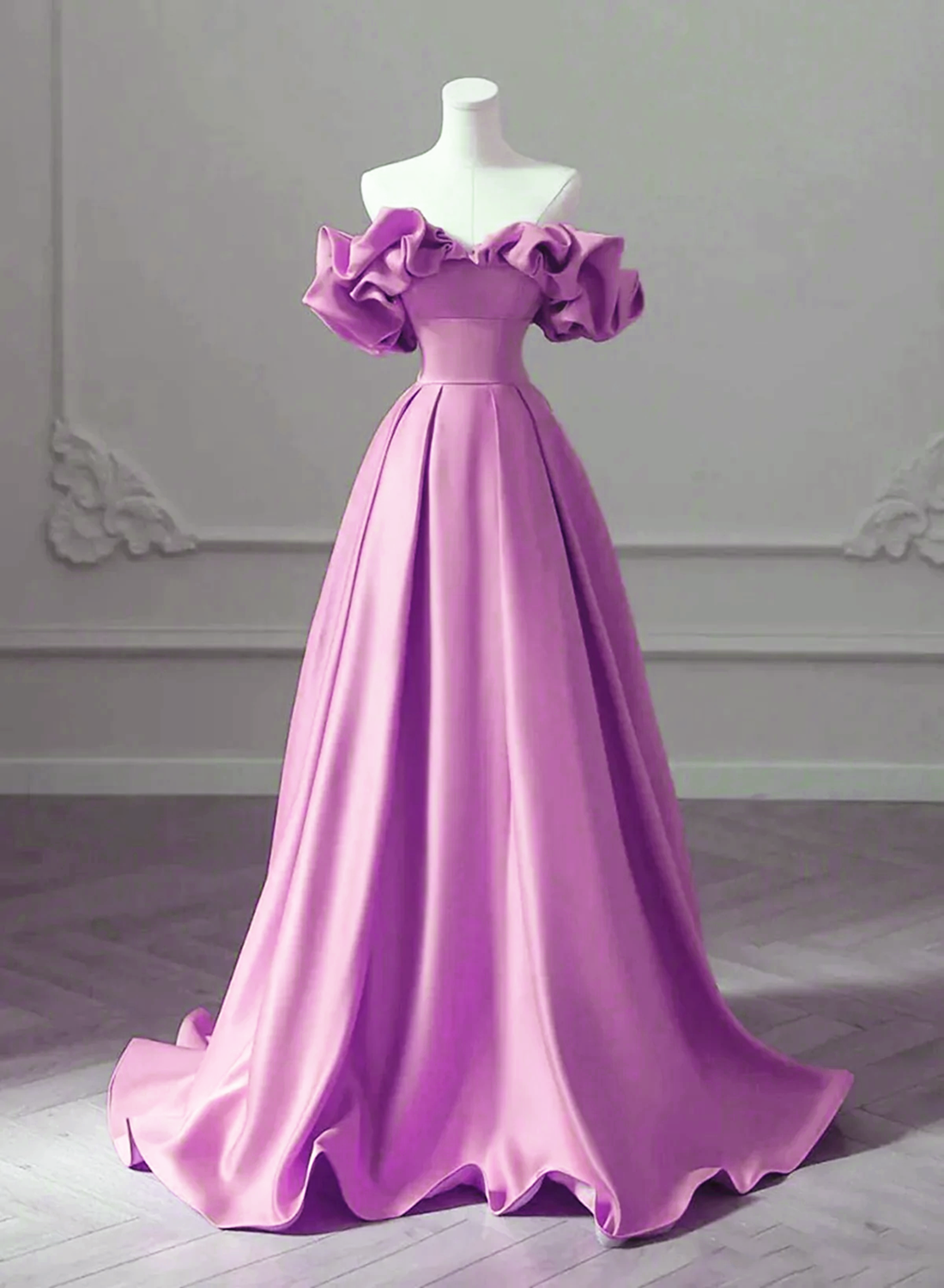 Purple Satin Off Shoulder Long Evening Dress, Purple Wedding Party Dress