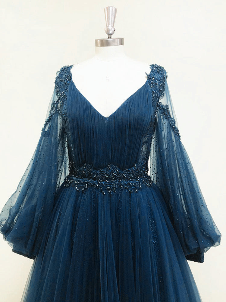 Navy Blue Puffy Sleeves Tulle with Beadings Long Party Dress, Blue Long Prom Dress