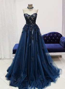 Navy Blue Tulle with Lace Sweetheart Long Formal Dress, Blue Long Prom Dress