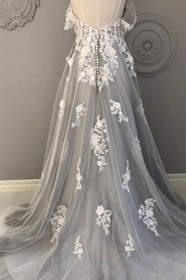 Light Grey Sweetheart Tulle with Lace, A-line Grey Long Prom Dress