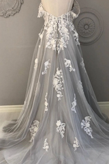 Light Grey Sweetheart Tulle with Lace, A-line Grey Long Prom Dress