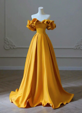 Charming Gold Satin Long Party Dress, Off Shoulder A-line Prom Dress
