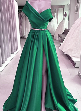 Dark Green Satin One Shoulder Long Prom Dress, Green Formal Dress with Leg Slit