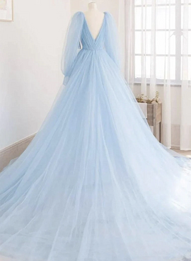 Light Blue Long Sleeves Blue Tulle Prom Dress, Blue Tulle A-line Party Dress