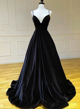 Black Velvet Straps V-neckline Long Party Dress, A-line Velvet Prom Dress