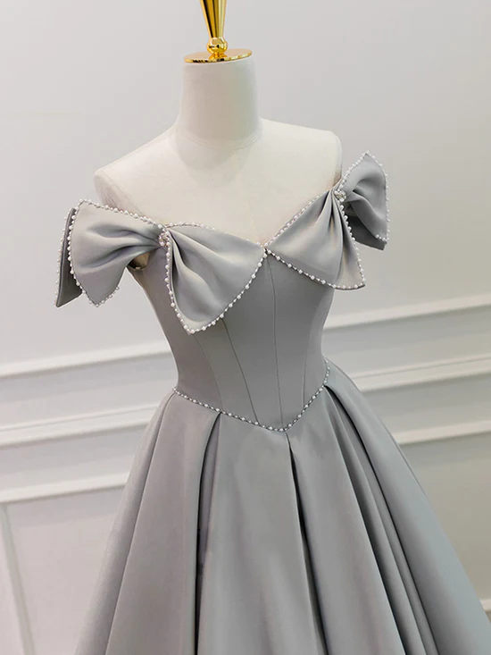 Grey Satin Beaded Long Party Dress with Bow, Grey A-line Prom Dress