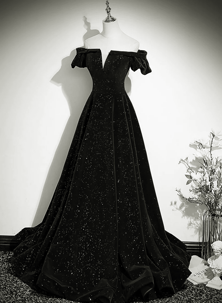 Simple Black Sweetheart Off Shoulder Long Velvet Prom Dress, Black Evening Dress main image 0