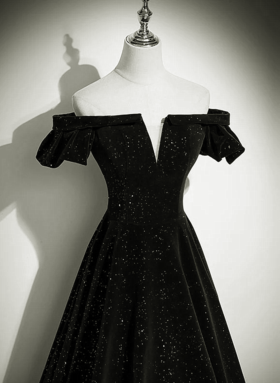 Black Velvet Off Shoulder A-line Long Prom Dress, Black Simple Wedding Cutedressy Black Velvet Off Shoulder A-line Long Prom Dress, Black Simple Wedding Cutedressy