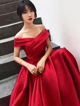 Beautiful Red Satin Off Shoulder Long Party Dress, Red Prom Dress