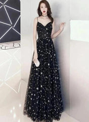 Charming Black Straps Long Party Dress, V-neckline Prom Dress