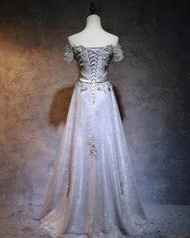Charming Grey Lace A-line Long Bridesmaid Dress, Grey Party Dress