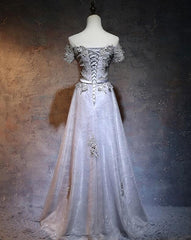 Charming Grey Lace A-line Long Bridesmaid Dress, Grey Party Dress