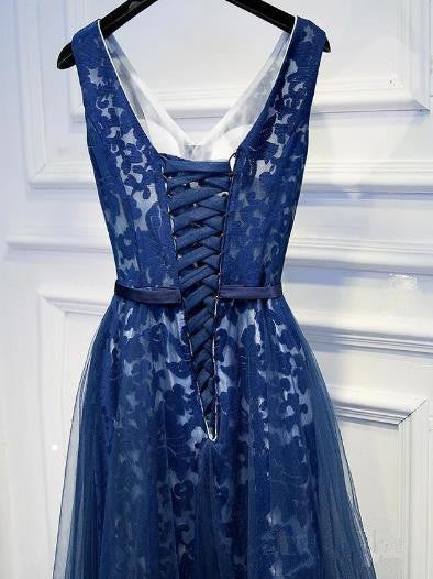Navy Blue V-neckline Lace Long Party Dress with Flowers, Blue V-neckline Prom Dress