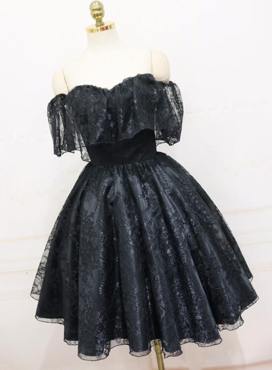 Lovely Black Off Shoulder Lace Short Party Dress, Black Homecoming Dre ...