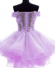 Lavender Off Shoulder Organza Short Lace Applique Teen Formal Dress, Charming Formal Dress