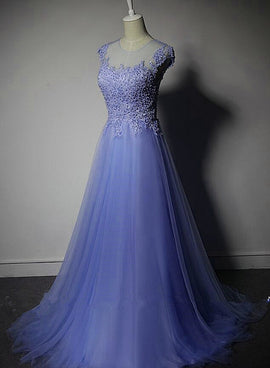 Cute Purple Tulle A-line Bridesmaid Dress, Lace Applique Prom Dress
