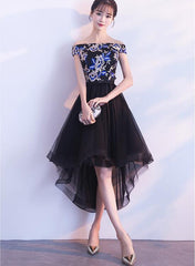 Elegant High Low Embroidery Off Shoulder Party Dresses, Black Homecoming Dresses, Cute Party Dresses