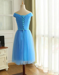 Blue Off Shoulder Tulle Short Prom Dress, Blue Bridesmaid Dress Party Dress