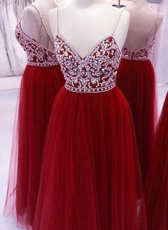 Red Tulle Unique Junior Prom Dresses, Beaded Top with Tulle Skirt Long Formal Dress