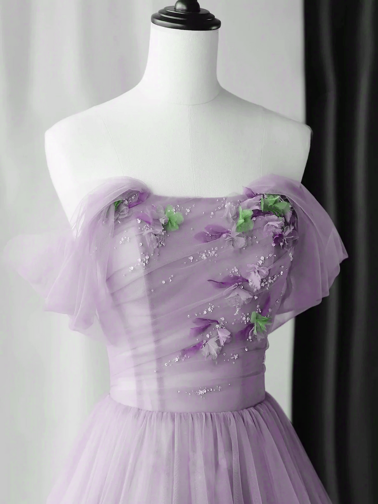 Off the Shoulder Sweetheart Beaded Tulle Long Prom Dress, A-Line Pink Evening Dress