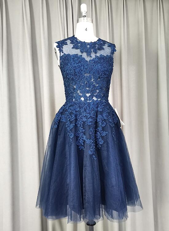 Cute Navy Blue Knee Length Homecoming Dress, Short Prom Dress – Cutedressy