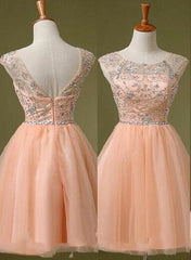 Adorable Pearl Pink Beaded Knee Length Party Dress, Pink Tulle Homecoming Dress
